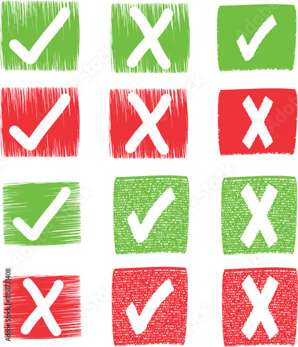 Colorful check and cross marks in green and red isolated on transparent background representing approval disagreement and choice with artistic brush strokes and playful designs