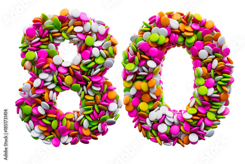 Colorful sugar beans 80 or Eighty isolated on white background. 3d illustration