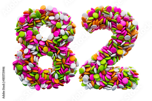 Colorful sugar beans 82 or Eighty Two isolated on white background. 3d illustration