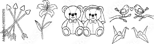 Cute wedding teddy bear couple with lily flower hand drawn doodle vector, cupid arrows and origami birds sketch illustration, love elements