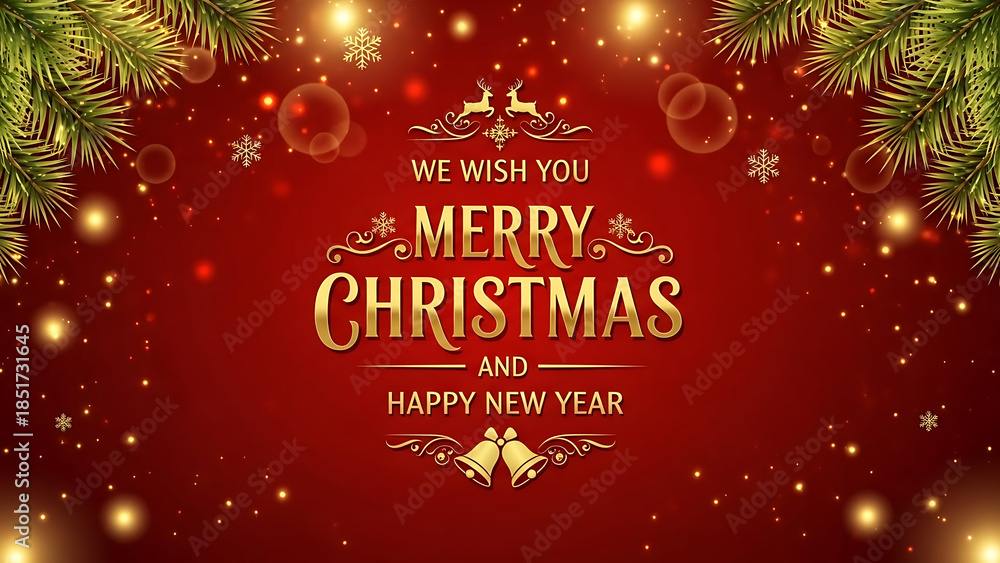 Fototapeta premium Merry Christmas greeting card vector with decorated Christmas tree and festive holiday elements