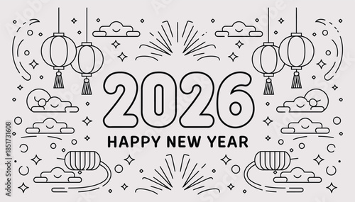 2026 Happy New Year Coloring Page with Lanterns and Fireworks Line Art,  Vector Illustration