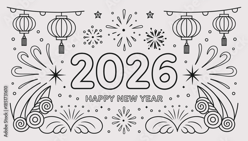 2026 Happy New Year Coloring Page with Lanterns and Fireworks Line Art,  Vector Illustration
