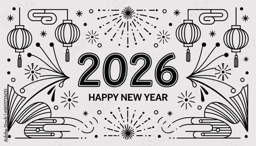 2026 Happy New Year Coloring Page with Lanterns and Fireworks Line Art,  Vector Illustration