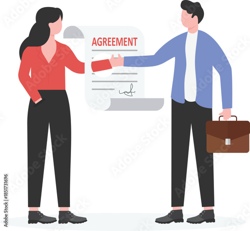 Professional man and woman shaking hands over a signed business agreement document.
