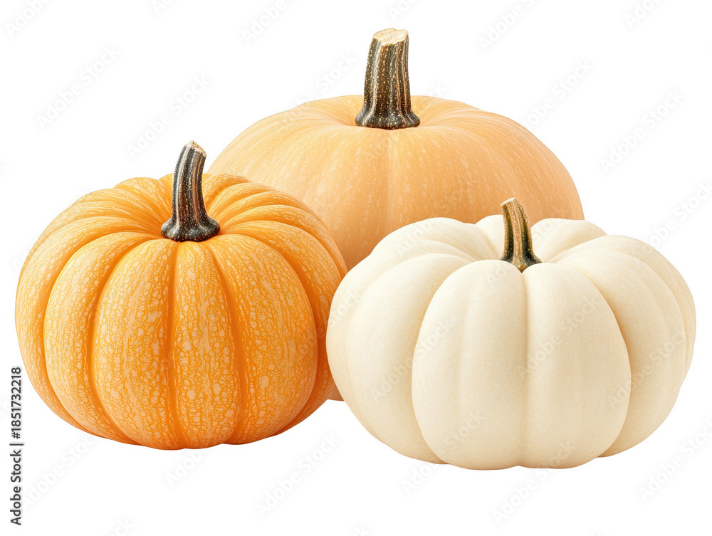 Fototapeta premium A Beautiful Display of Three Pumpkins in Varying Shades of Orange and White Perfect for Autumn and Seasonal Decor, png, isolated on transparent background