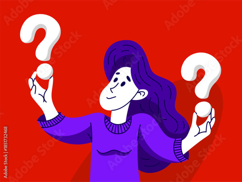 Young woman having a doubt and question, vector illustration of a person who is hesitating and thinking about some problem, decide uncertainty.