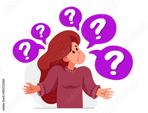 Young woman having a doubt and question, vector illustration of a person who is hesitating and thinking about some problem, decide uncertainty.