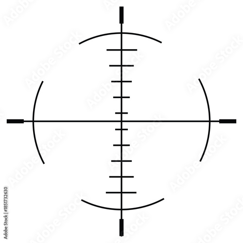 Segmented crosshair reticle with curved guides, modern tracking and focus symbol for HUD overlays, navigation tools and interface design
