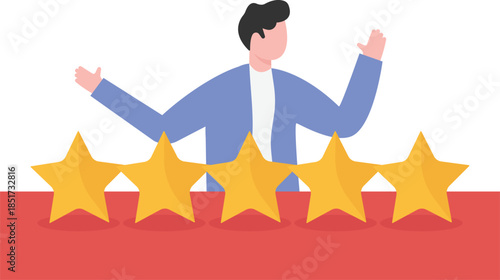 Businessman celebrating a five-star top rating and excellent customer feedback.

