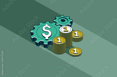 Business and money circulation concept poster, gears with dollar sign vector icon style illustration, economy and finance, economical system.