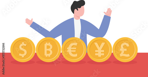 Professional presenting various global currencies and cryptocurrency coins on a table.
