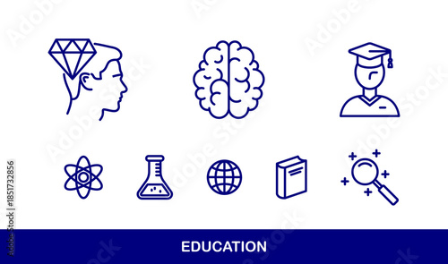 Education vector icons set, university and high school study science, physics and chemistry learning.