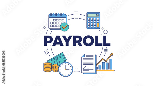Payroll management concept with financial icons and calendar