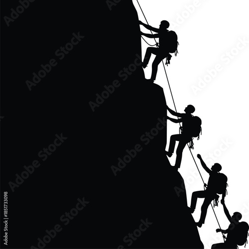 Mountain climbers silhouettes ascending cliff, teamwork leadership concept, rope climbing adventure figures isolated on white background, success challenge illustration vector