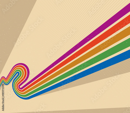 Retro style abstract background with curve lines in all colors of rainbow, 3D dimensional seventieth vector art.