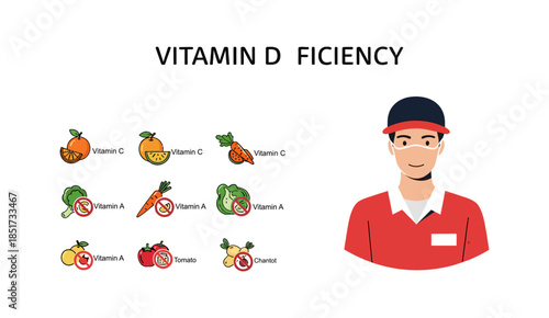 Vitamin deficiency infographic with food sources and human character illustration