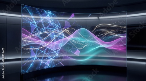 Curved transparent screen displaying vibrant abstract digital data visualization in a modern dark