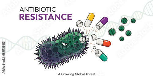 Antibiotic resistance conceptual illustration with bacteria and broken pills.