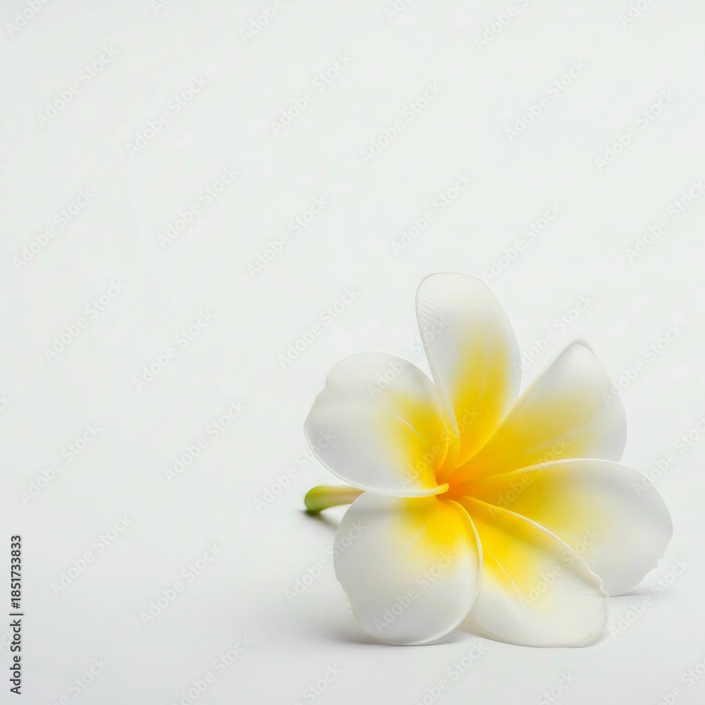 Fototapeta premium Single white plumeria flower with yellow center on clean light background. 