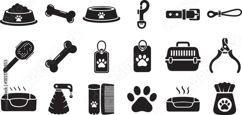 Black icons of dog care and accessories