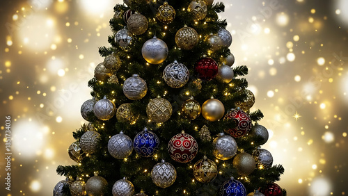 A magnificent Christmas tree adorned with sparkling baubles and warm lights, creating a magical festive ambiance perfect for holiday celebrations and winter cheer