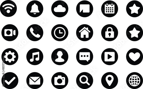 Black circular icon set of 25 white UI symbols including Wi-Fi, calendar, gear, chat, location, and media controls