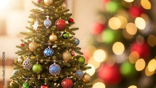 Brightly illuminated Christmas tree adorned with colorful baubles and twinkling string lights, creating a warm and festive atmosphere with a beautiful bokeh background
