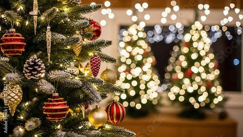 Magnificent evergreen Christmas tree branches illuminated by sparkling lights and adorned with vibrant baubles, capturing the essence of holiday cheer and celebration indoors during the festive season