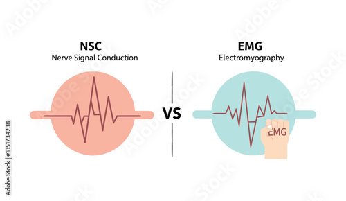 Medical illustration comparing two neurological diagnostic tests: Nerve Signal Conduction (NSC) and Electromyography (EMG).