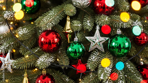 Close-up of a decorated Christmas tree with ornaments and lights, capturing the festive holiday spirit