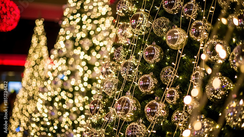 Close-up of a row of decorated Christmas trees adorned with sparkling ornaments and glowing fairy lights, evoking a festive holiday atmosphere