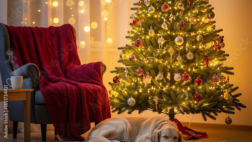 Warm glow of Christmas lights illuminates a peaceful scene with a sleeping dog beside a festive tree and a cozy armchair, embodying holiday comfort and tranquility