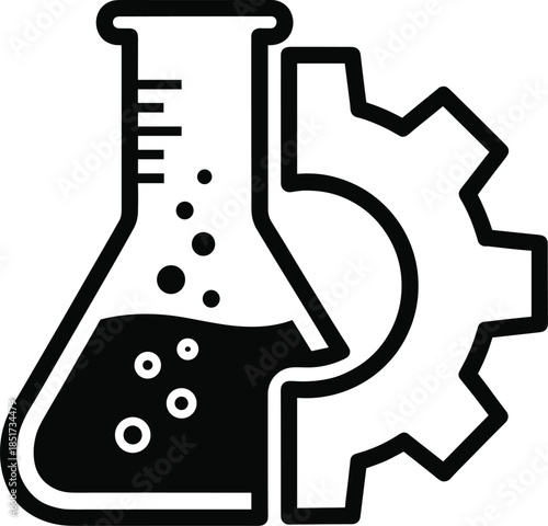 STEM Fusion Icon Featuring Laboratory Flask and Gear Symbolizing Chemistry, Engineering, Innovation, Scientific Research, and Technological Integration