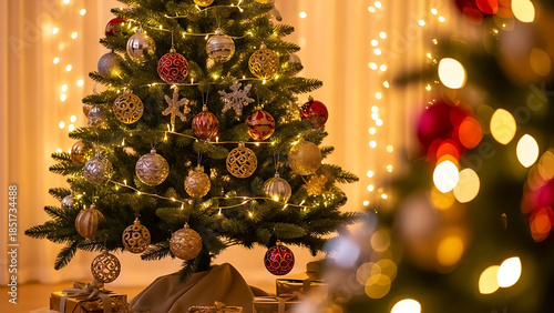 Warm glow of festive Christmas trees, beautifully adorned with sparkling lights and colorful ornaments, creating a joyful ambiance of holiday cheer for winter celebrations