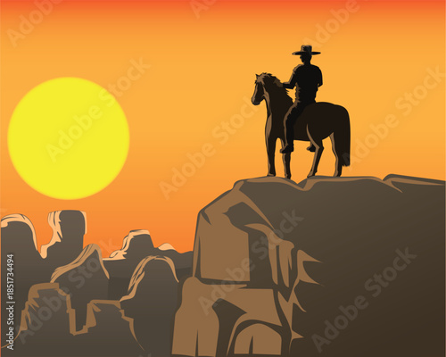 Vector illustration design of a half silhouette of a rocky desert landscape with a horse and a man riding it looking towards the sunset