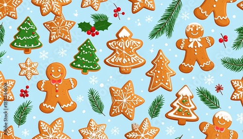 A festive holiday pattern featuring gingerbread men and Christmas trees on a light blue background with snowflakes and holly leaves
