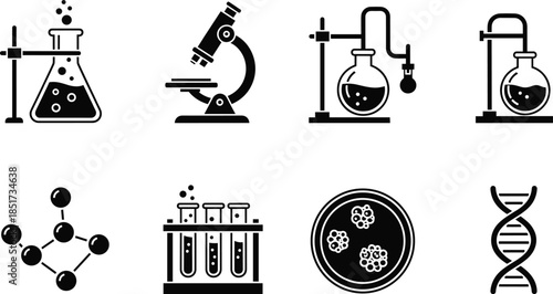 Scientific Equipment Icon Set. Lab Tools, Molecular Structures, Microscopy, Genetics, Chemistry, Microbiology, and Experimental Apparatus for Research Visualization