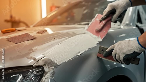 Mechanic repairing car body with filler. Hands applying putty to a dent on a grey vehicle in a garage. Auto body repair concept
