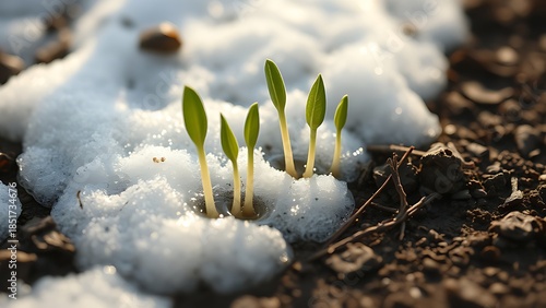 moisture. New sprouts emerging from melting snow in soft morning light. ESG reports, sustainability campaigns, designed for environmental awareness campaigns, used by performance marketers.