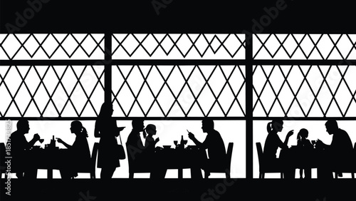 Restaurant silhouettes people dining and chatting, cafe interior scene, social gathering concept, friends family eating together isolated on white background