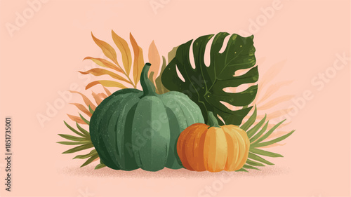 Green and orange pumpkins with tropical leaves on peach background