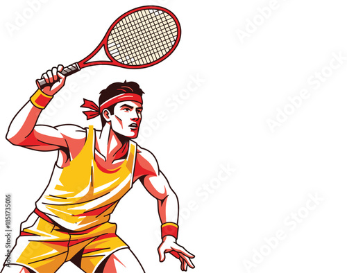 Powerful Tennis Player Athlete Hitting an Overhead Forehand Swing with Racket, Vector Illustration of Male Sportsman Wearing Headband and Wristbands in Dynamic Action Pose