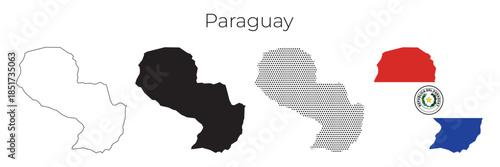 Paraguay map illustration set with outline, solid silhouette, and national flag style design.