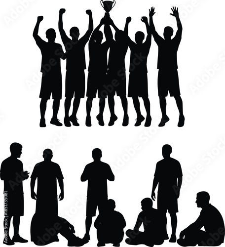 Sports team silhouettes celebrating championship trophy, victory and defeat contrast concept, winning athletes and losing players isolated on white background