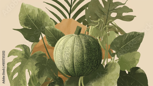 Green melon surrounded by tropical leaves and plants on beige background