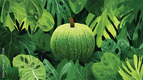 Green pumpkin surrounded by tropical leaves