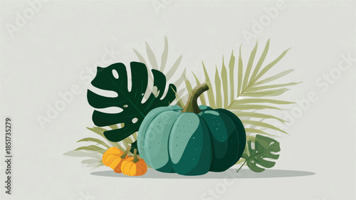 Green pumpkin with tropical leaves and small orange pumpkins