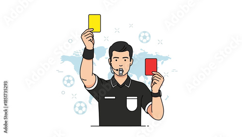 Soccer referee holding up yellow and red cards, showing disciplinary action during a match.