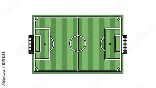 A top-down view of a vibrant green soccer football field with white markings and goals for sports.